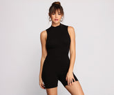 Trendy Mock Neck Biker Short Romper Sai Feel